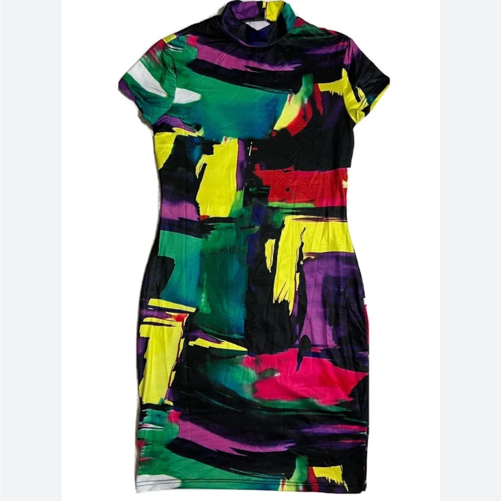 SHEIN picasso mock neck stretch dress plus size  1X multicolor rainbow